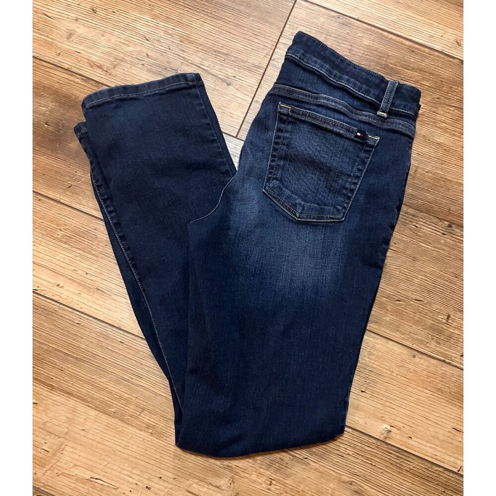 TOMMY HILFIGER Dark Wash Blue Jeans Mid Rise Straight Leg Stretch Sz 8R
